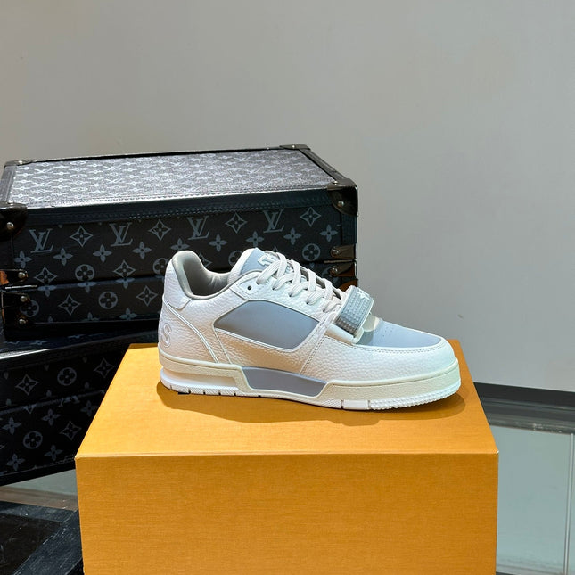 LV TRAINER SNEAKERS IN WHITE CALFSKIN AND LIGHT BLUE SUEDE