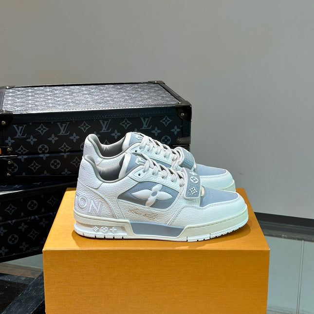 LV TRAINER SNEAKERS IN WHITE CALFSKIN AND LIGHT BLUE SUEDE
