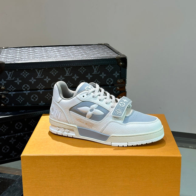 LV TRAINER SNEAKERS IN WHITE CALFSKIN AND LIGHT BLUE SUEDE