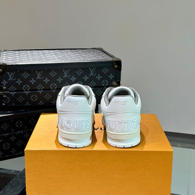 LV TRAINER SNEAKERS IN WHITE CALFSKIN AND LIGHT BLUE SUEDE