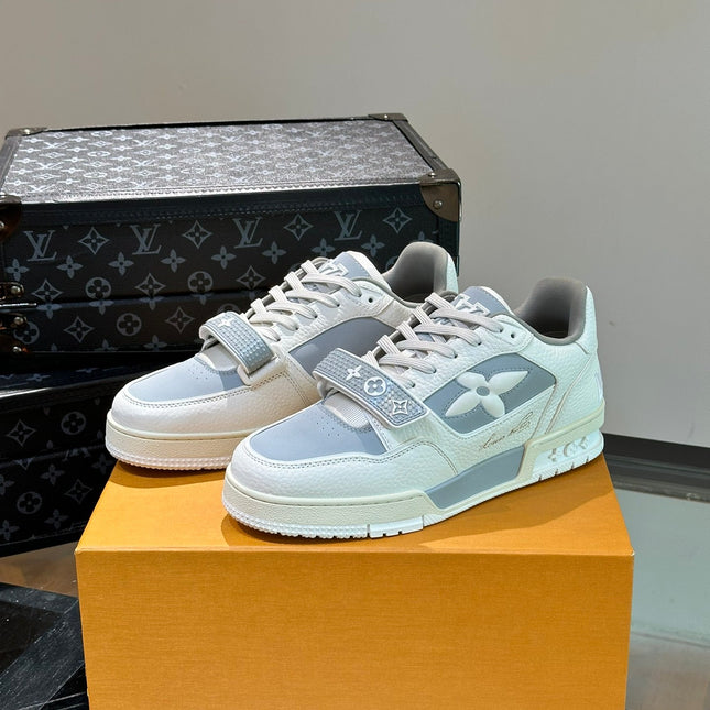 LV TRAINER SNEAKERS IN WHITE CALFSKIN AND LIGHT BLUE SUEDE
