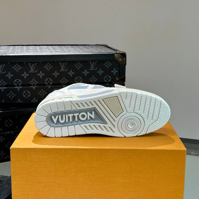 LV TRAINER SNEAKERS IN WHITE CALFSKIN AND LIGHT BLUE SUEDE