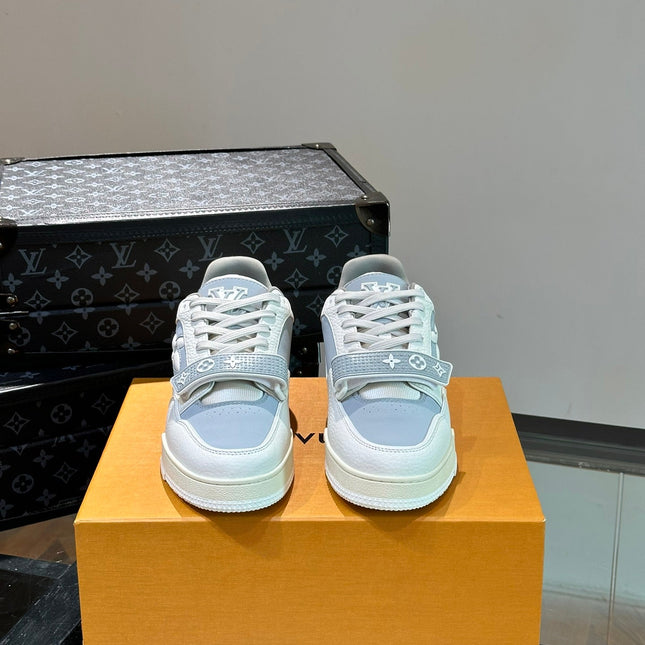 LV TRAINER SNEAKERS IN WHITE CALFSKIN AND LIGHT BLUE SUEDE