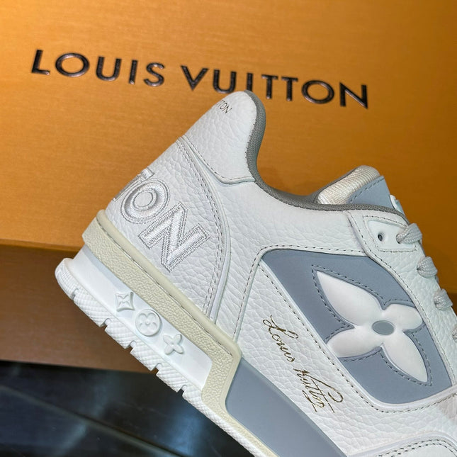 LV TRAINER SNEAKERS IN WHITE CALFSKIN AND LIGHT BLUE SUEDE