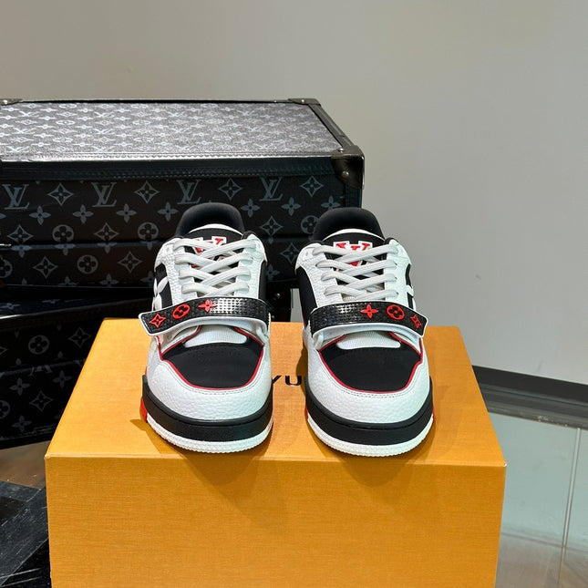 LV TRAINER SNEAKERS IN WHITE CALFSKIN AND BLACK MIX RED SUEDE