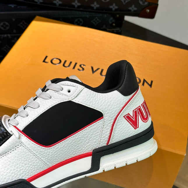 LV TRAINER SNEAKERS IN WHITE CALFSKIN AND BLACK MIX RED SUEDE