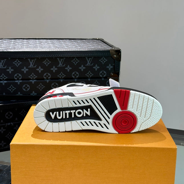 LV TRAINER SNEAKERS IN WHITE CALFSKIN AND BLACK MIX RED SUEDE
