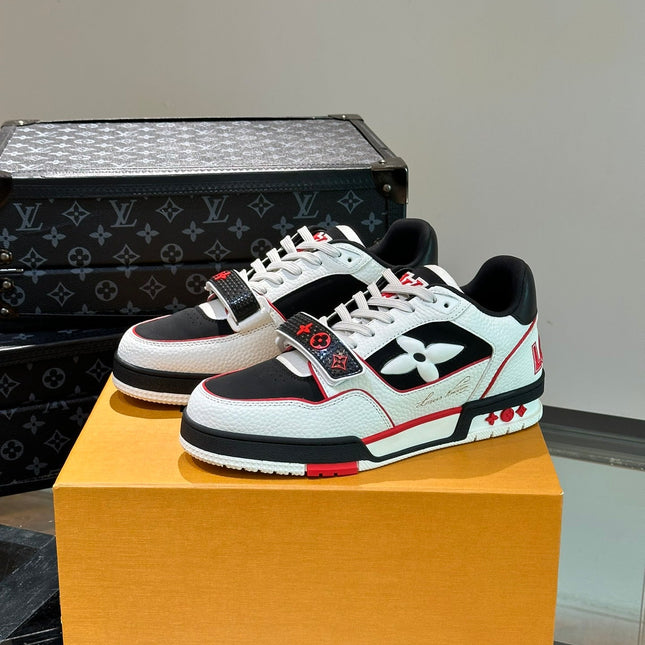 LV TRAINER SNEAKERS IN WHITE CALFSKIN AND BLACK MIX RED SUEDE