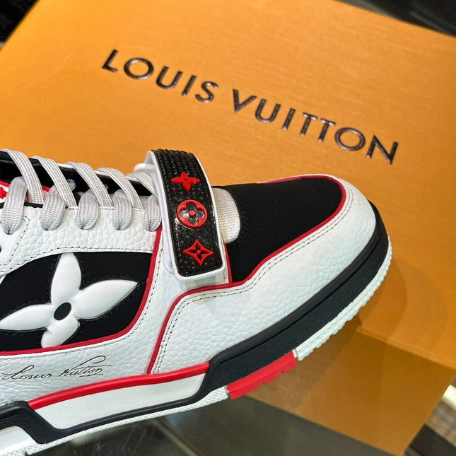 LV TRAINER SNEAKERS IN WHITE CALFSKIN AND BLACK MIX RED SUEDE