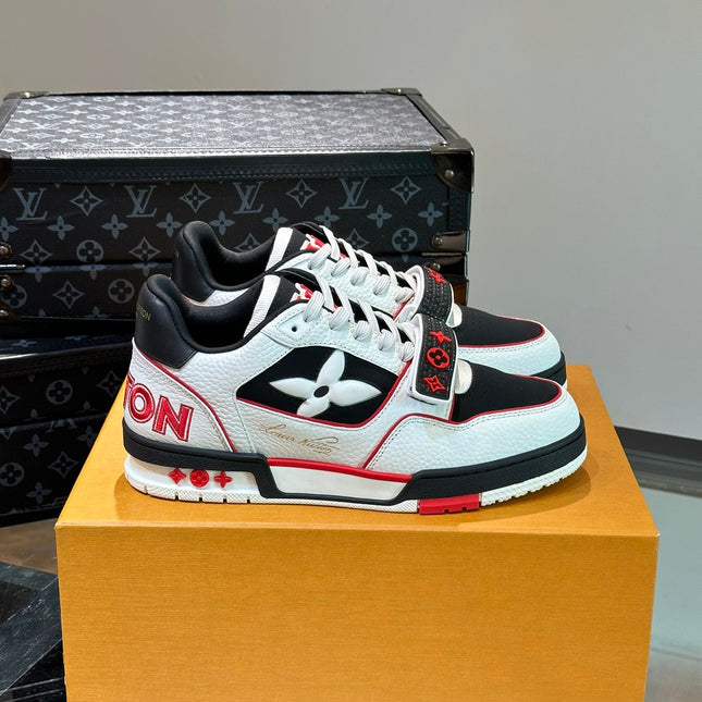 LV TRAINER SNEAKERS IN WHITE CALFSKIN AND BLACK MIX RED SUEDE