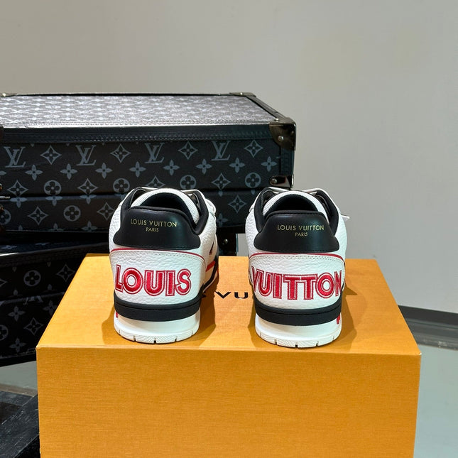 LV TRAINER SNEAKERS IN WHITE CALFSKIN AND BLACK MIX RED SUEDE