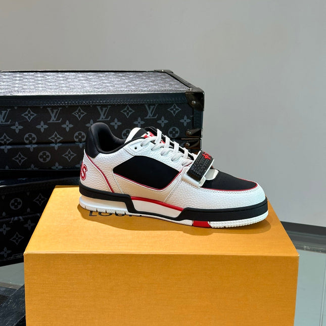 LV TRAINER SNEAKERS IN WHITE CALFSKIN AND BLACK MIX RED SUEDE