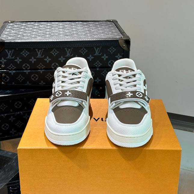 LV TRAINER SNEAKERS IN WHITE CALFSKIN AND MOCHA BROWN SUEDE