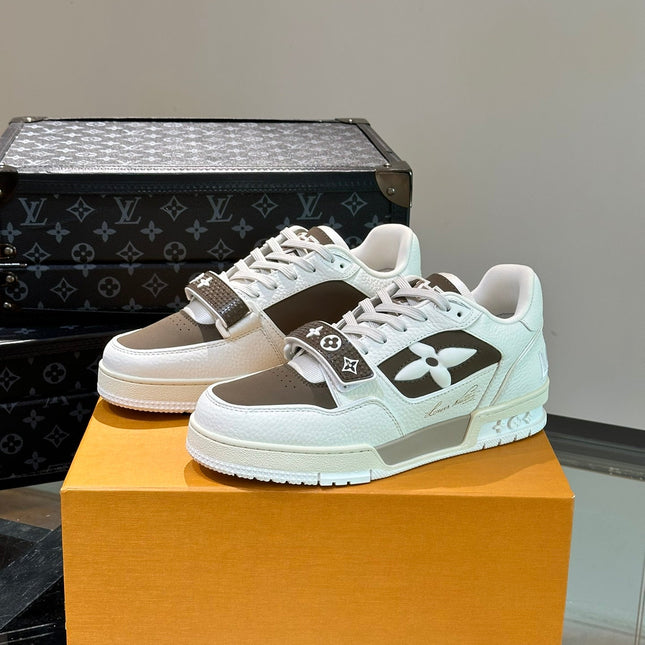 LV TRAINER SNEAKERS IN WHITE CALFSKIN AND MOCHA BROWN SUEDE