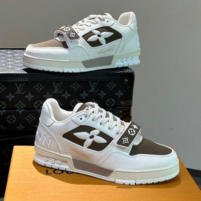 LV TRAINER SNEAKERS IN WHITE CALFSKIN AND MOCHA BROWN SUEDE