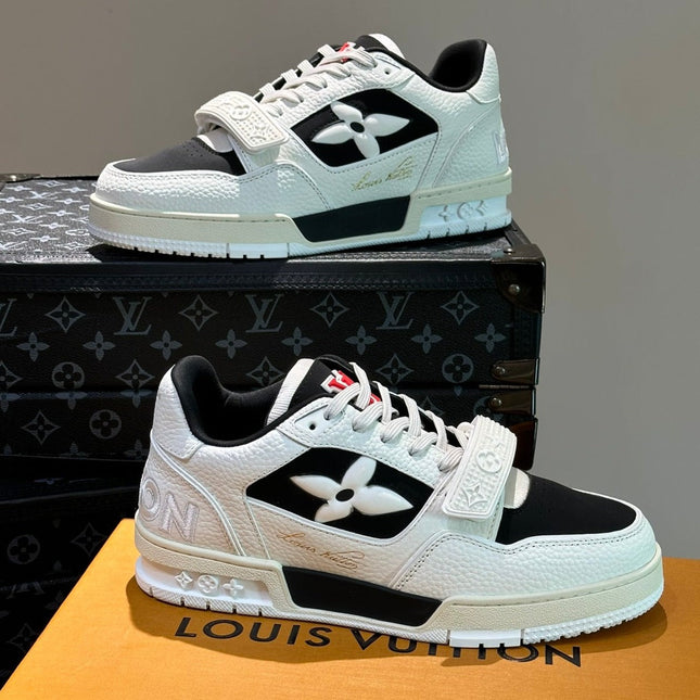 LV TRAINER SNEAKERS IN WHITE CALFSKIN AND BLACK SUEDE