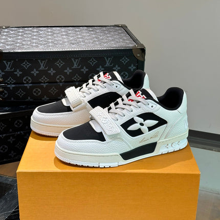 LV TRAINER SNEAKERS IN WHITE CALFSKIN AND BLACK SUEDE