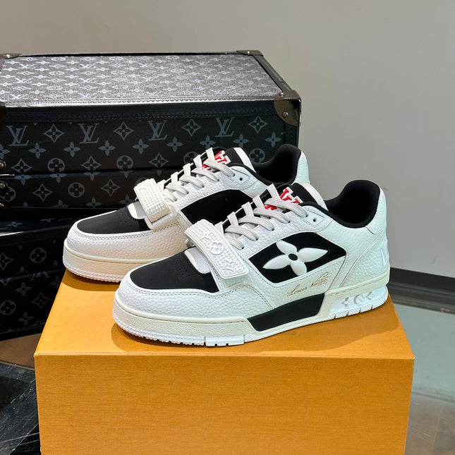 LV TRAINER SNEAKERS IN WHITE CALFSKIN AND BLACK SUEDE