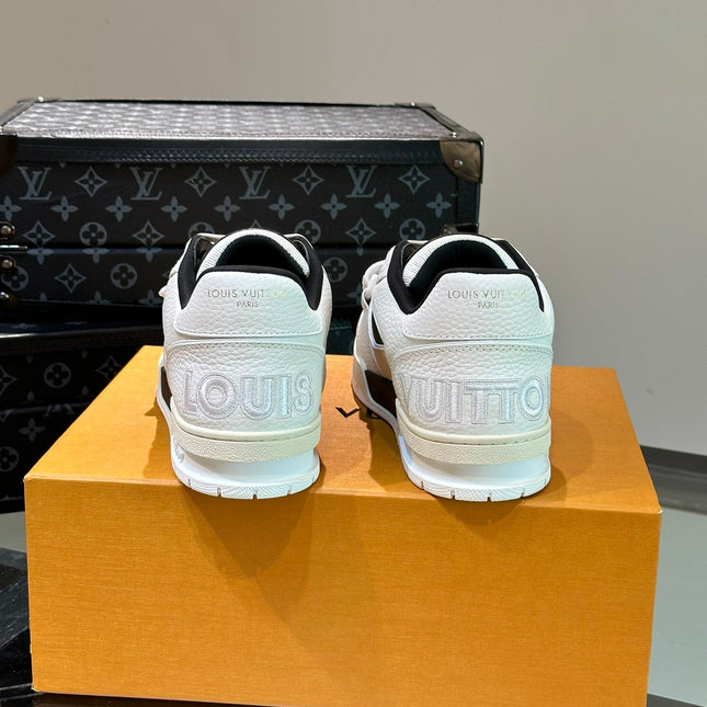 LV TRAINER SNEAKERS IN WHITE CALFSKIN AND BLACK SUEDE
