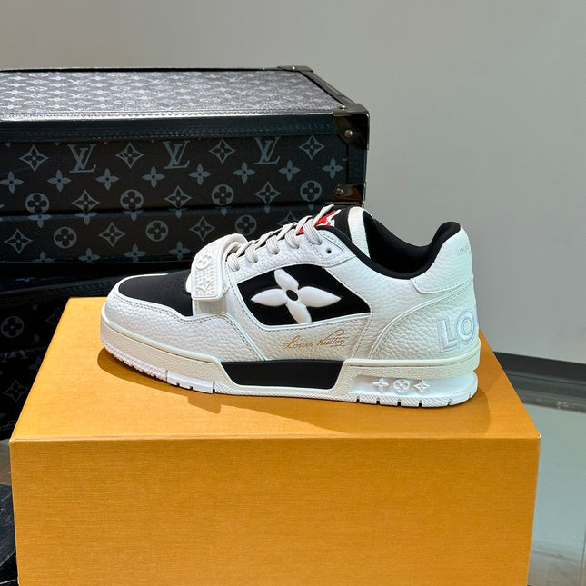LV TRAINER SNEAKERS IN WHITE CALFSKIN AND BLACK SUEDE