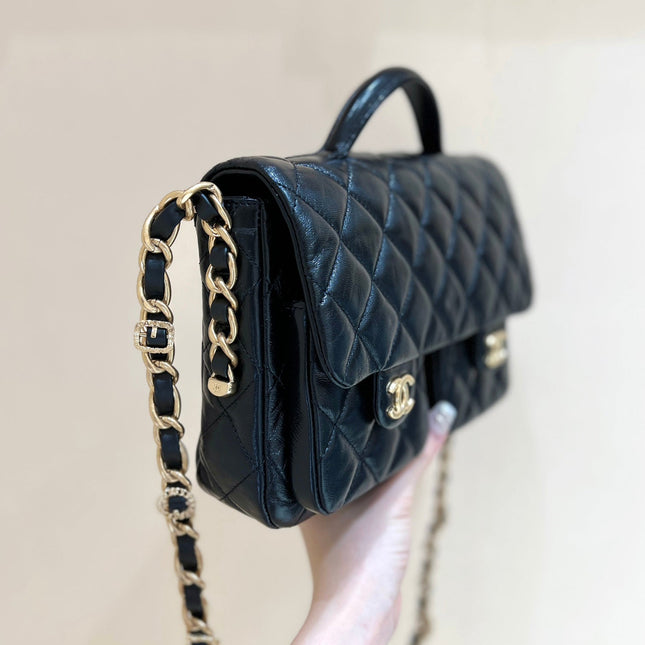 DOUBLE POCKETS FLAP BAG TOP HANDLE 24 IN BLACK LAMBSKIN GOLD HARDWARE
