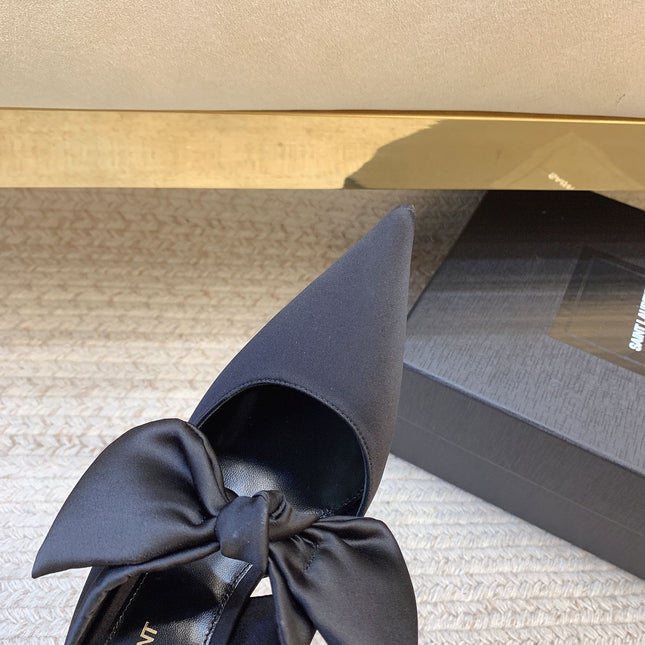 BARBARA BIG BOW MULES IN BLACK SILK