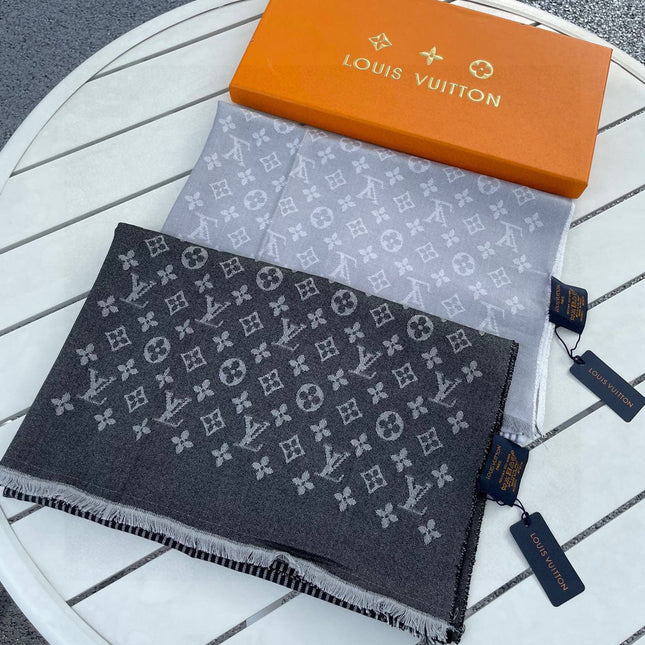 MONOGRAM SCARF 200 CM IN LIGHT GRAY CASHMERE AND SILK 388079
