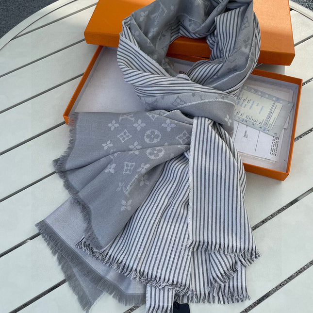 MONOGRAM SCARF 200 CM IN LIGHT GRAY CASHMERE AND SILK 388079
