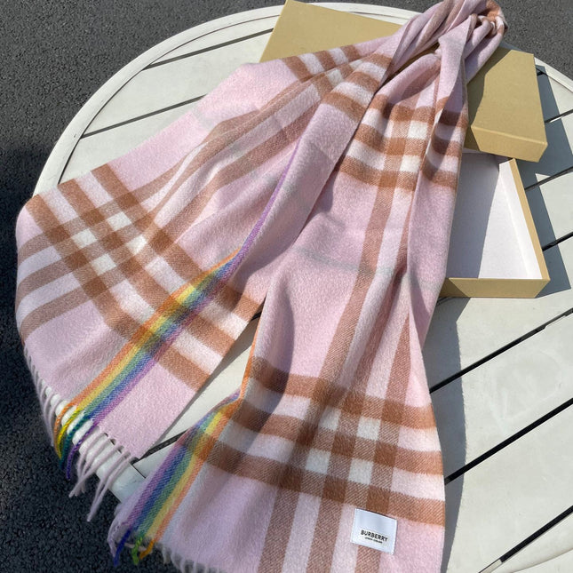 CHECK SCARF 200 CM IN LIGHT PINK MIX CAMEL BROWN CASHMERE 394750