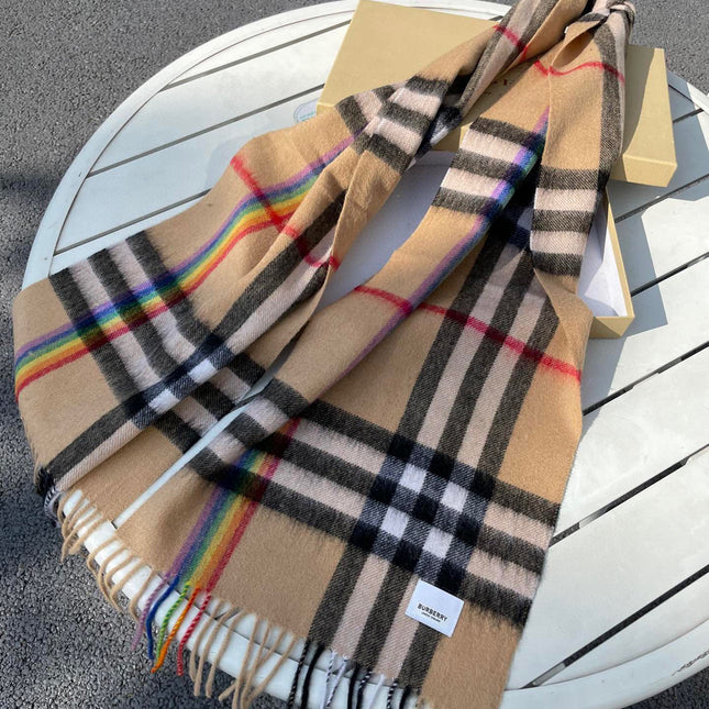 CHECK SCARF 200 CM IN CAMEL BEIGE MIX BLACK CASHMERE 394753