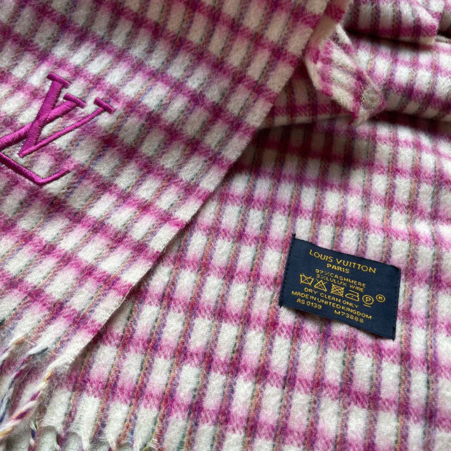 PLAID EMBROIDERY SCARF 180 CM IN BRIGHT PINK CASHMERE 399964