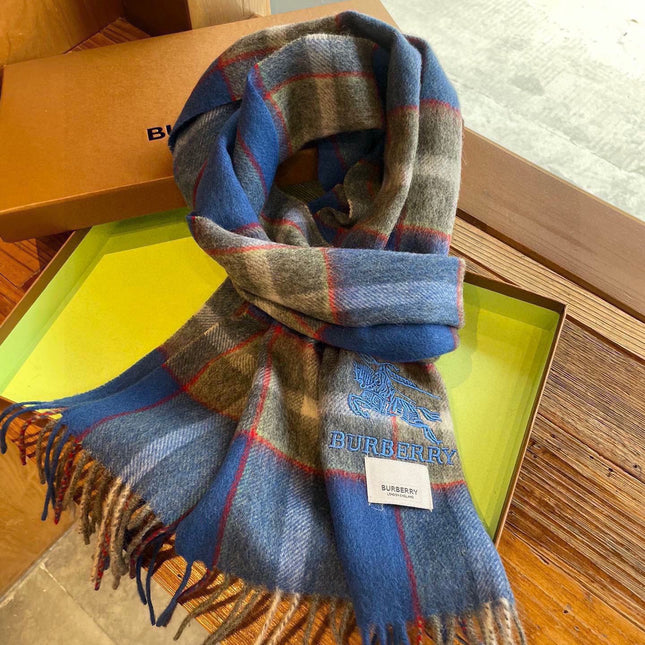 CASHMERE CHECK SCARF BLUE MIX LIGHT GRAY 407521