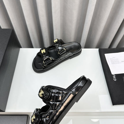 dad sandals black patent lambskin mules