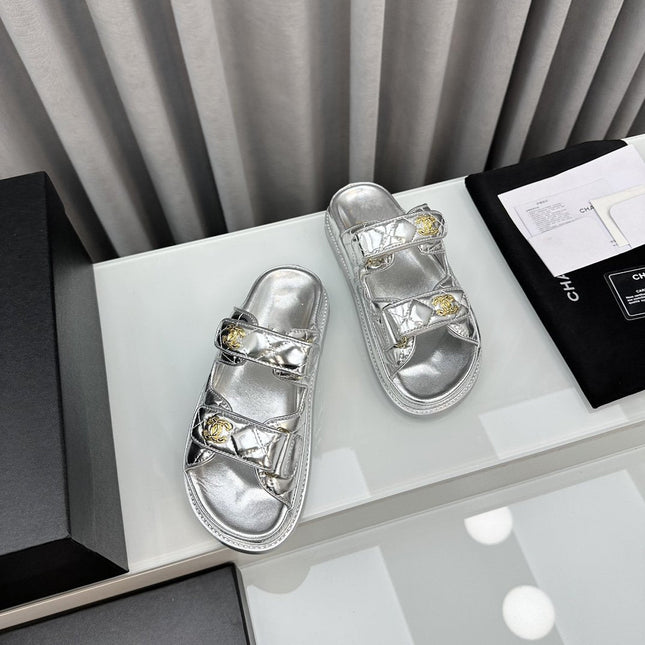 dad sandals silver metalic lambskin mules