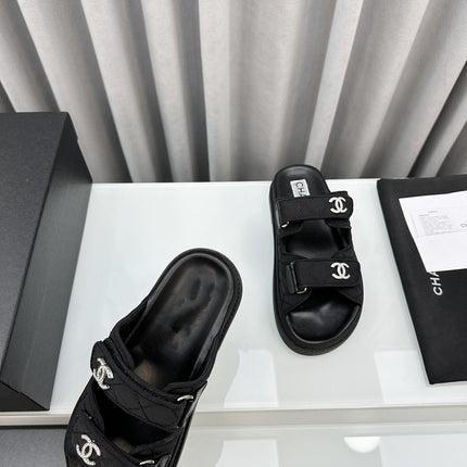 dad sandals black textile mules
