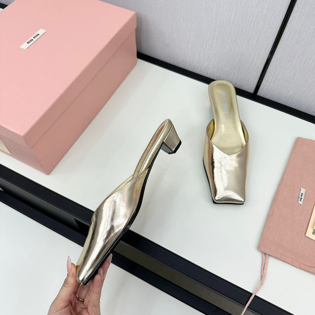 SQUARE TOE MULES METALLIC GOLD SHEEPSKIN