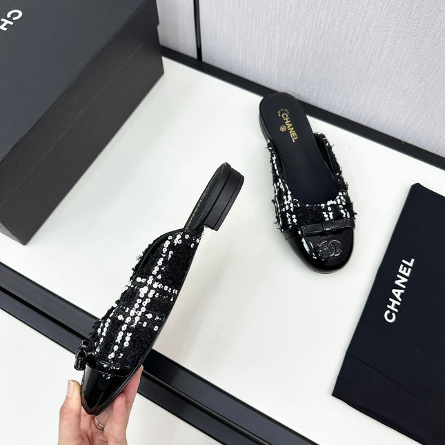 BOW MULE IN BLACK MIX WHITE FUR AND CALFSKIN