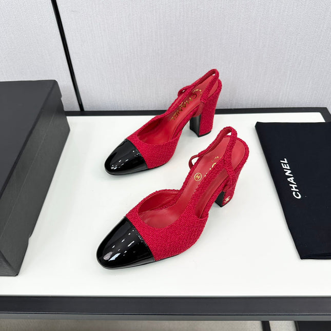 HIGH SLINGBACK ROSE RED TWEED AND BLACK CALFSKIN
