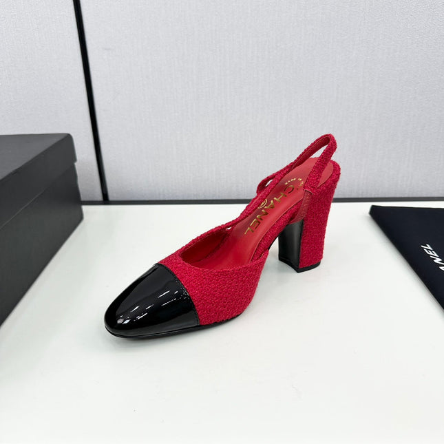 HIGH SLINGBACK ROSE RED TWEED AND BLACK CALFSKIN