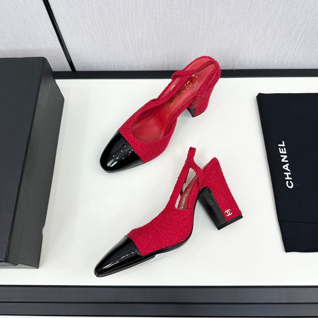 HIGH SLINGBACK ROSE RED TWEED AND BLACK CALFSKIN