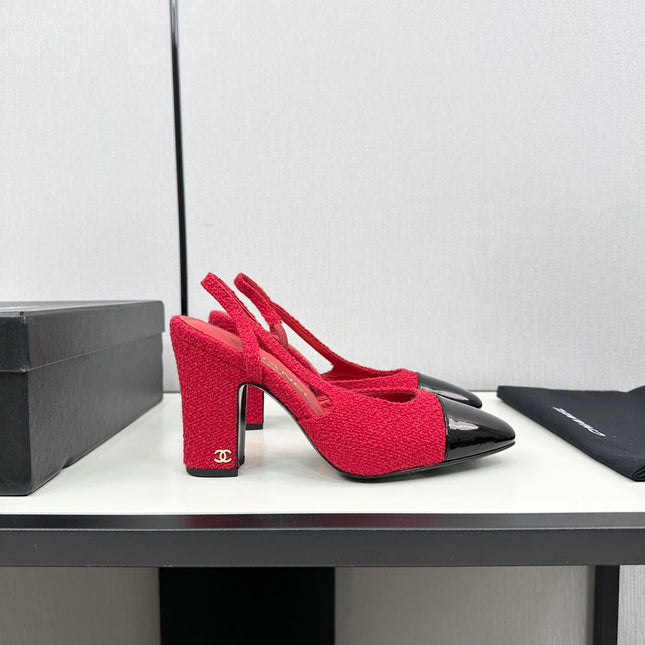 HIGH SLINGBACK ROSE RED TWEED AND BLACK CALFSKIN