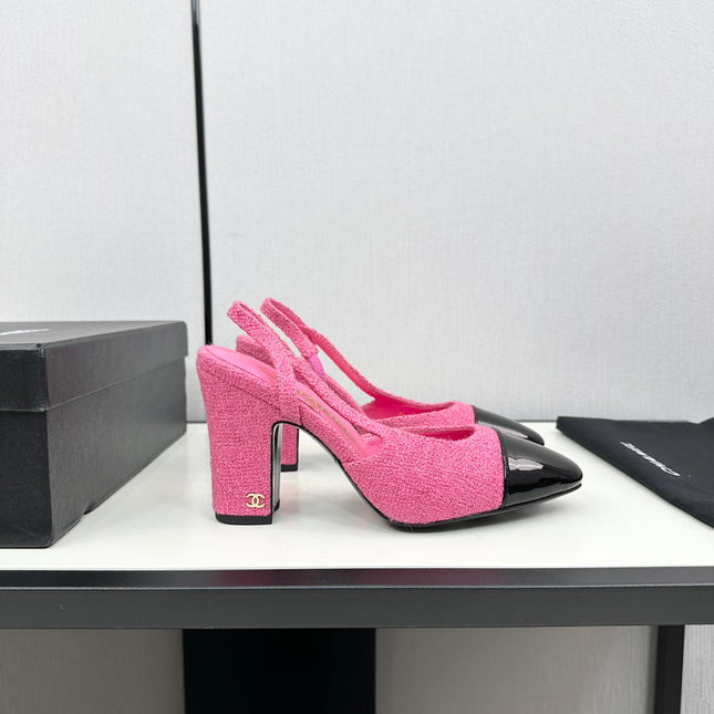 HIGH SLINGBACK BRIGHT PINK TWEED AND BLACK CALFSKIN