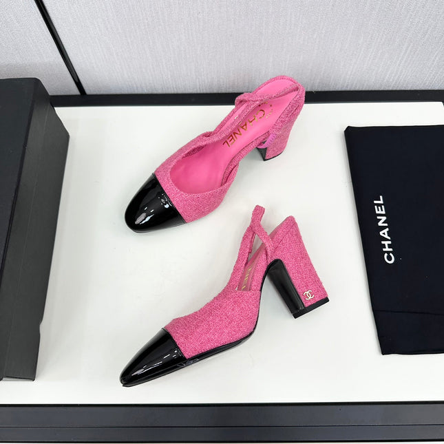HIGH SLINGBACK BRIGHT PINK TWEED AND BLACK CALFSKIN