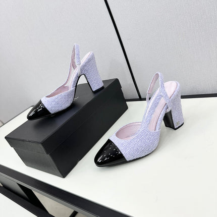 HIGH SLINGBACK LIGHT BLUE TWEED AND BLACK CALFSKIN