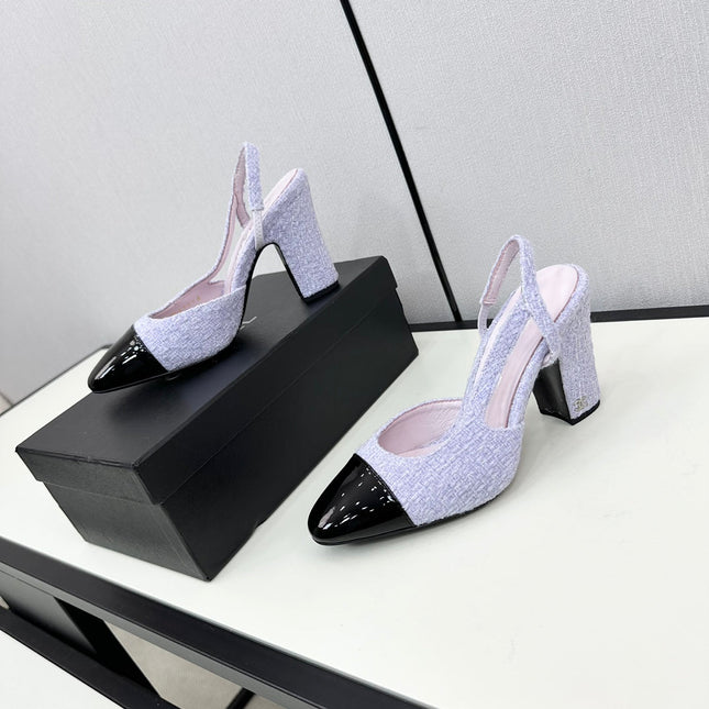 HIGH SLINGBACK LIGHT BLUE TWEED AND BLACK CALFSKIN