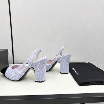 HIGH SLINGBACK LIGHT BLUE TWEED AND BLACK CALFSKIN