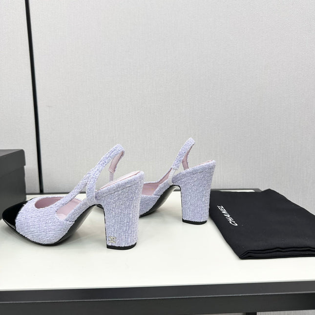 HIGH SLINGBACK LIGHT BLUE TWEED AND BLACK CALFSKIN