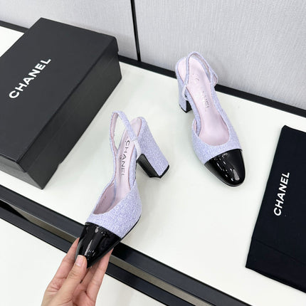 HIGH SLINGBACK LIGHT BLUE TWEED AND BLACK CALFSKIN