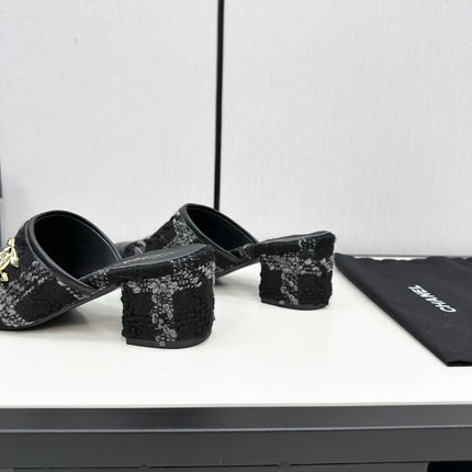 CC HIGH MULE IN BLACK WOOL TWEED AND CALFSKIN GOLD HARDWARE