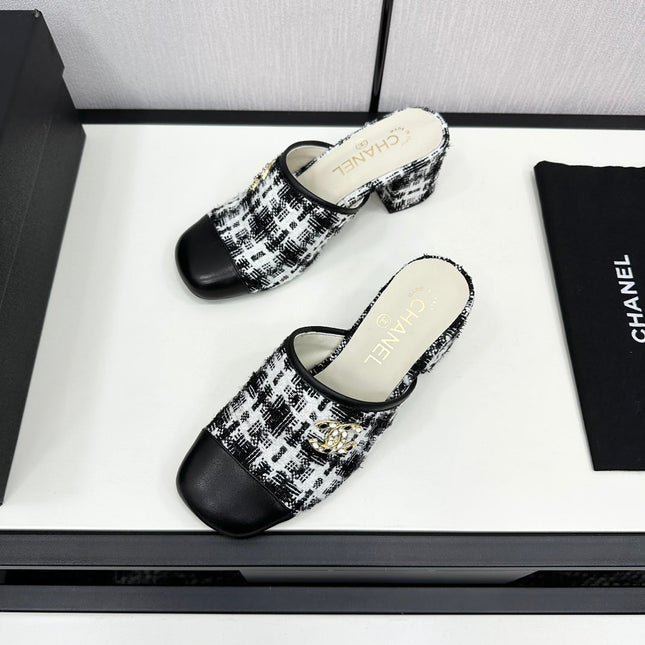 CC HIGH MULE IN WHITE MIX BLACK WOOL TWEED AND CALFSKIN